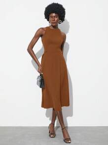 Maija 2025 夏季新款卡其色圆领无袖摆裙女士商务休闲日常通勤优雅海滩度假适合婚礼嘉宾乡村音乐节早午餐机场装复古 90 年代优雅女装 - 咖啡棕 - 查看 4