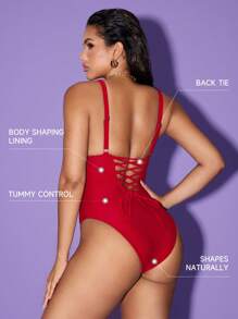 Shapewave Maillot de bain une pièce avec contrôle du ventre et push-up, col en V, panneaux latéraux, couleur marron terre, design élégant et épuré, convient pour les vacances et la plage, printemps/été