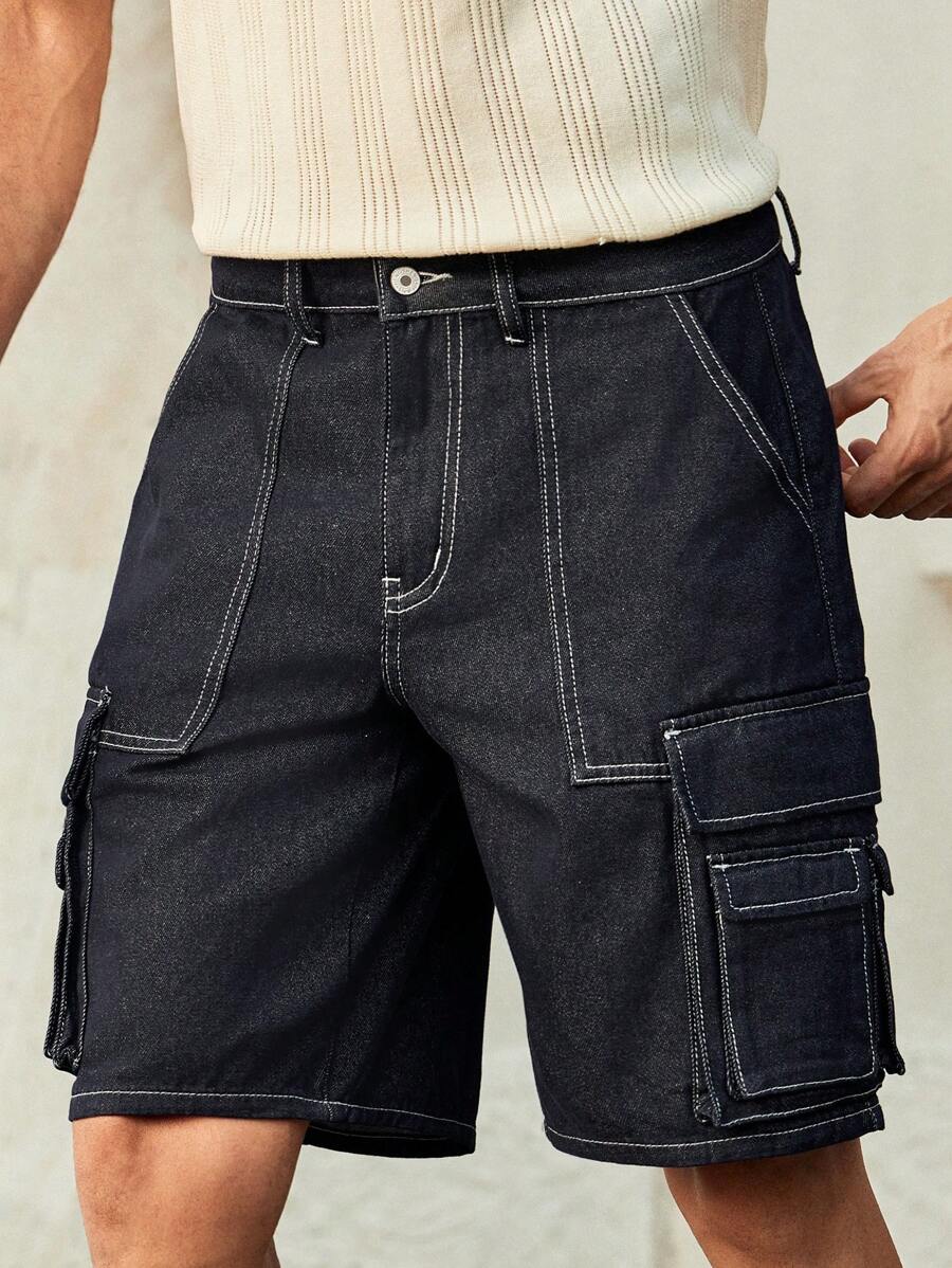 Manfinity VCAY 男士休闲多口袋中腰牛仔短裤 - 藍色 - 查看 1