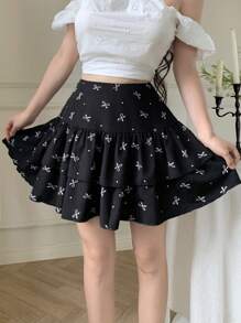 Modelyn Women's Bow Print High Waist Ruffle Skorts - Black - View 3