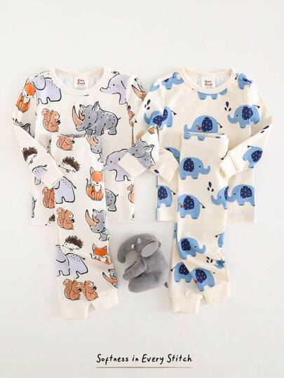 Cozy Pixies Baby Boy 4-Piece Snug Fit Pajama Set: Cartoon Animal Pattern Knit Soft Crew Neck Long Sleeve Top, Elastic Waist Long Pants Print