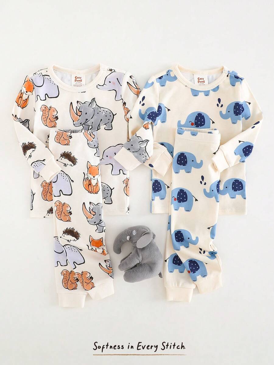 Cozy Pixies Baby Boy 4-Piece Snug Fit Pajama Set: Cartoon Animal Pattern Knit Soft Crew Neck Long Sleeve Top, Elastic Waist Long Pants Print - Multicolor - View 1