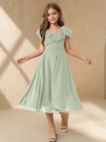 SHEIN 少女优雅简约 V 领荷叶边无袖高腰中长纯色雪纺蓝色派对礼服，适合夏季女孩毕业典礼和婚礼 - 綠色 - 查看 3