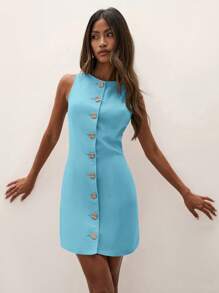 COSMINA Rochie de vară pentru femei, fără mâneci, cu guler rotund, casual, cu un singur nasture - Albastru - Vizualizare 3