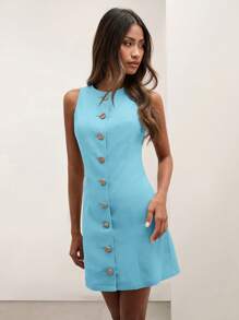 COSMINA Rochie de vară pentru femei, fără mâneci, cu guler rotund, casual, cu un singur nasture - Albastru - Vizualizare 6