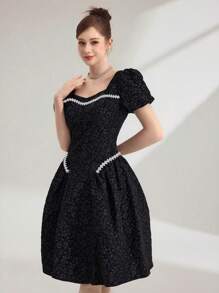 Poshira Damen elegantes jacquard Kurzes Kleid mit Strass Dekor, Sommer - Schwarz - Übersicht 4