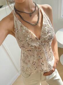 SHEIN Bubbli Women's Fashion Sequin Criss-Cross Deep V-Neck Beaded Flower Back Tie Tank Top