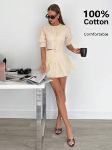 Siren Gaze 女款兩件式套裝 優雅度假夏季 100%純棉淺米色襯衫與裙子套裝，日常穿著畢業裙，度假度假村休閒穿著 - 杏色 - 查看 4