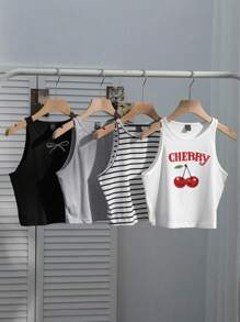 SHEIN EZwear 4 chiếc áo ba lỗ in họa tiết nơ anh đào sọc thường ngày dành cho nữ, đa năng và gợi cảm cho kỳ nghỉ hè và bãi biển Áo crop top Áo crop top dễ thương Áo crop top anh đào Áo crop top sọc - Nhiều màu - Xem 7