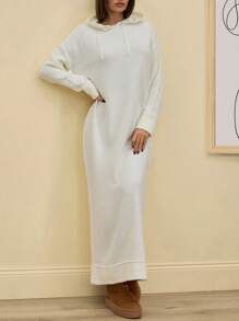 SHEIN Tall Maxi Sweater Dress Wth Hoodie And Drawstring - Apricot - View 3