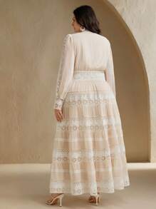 Anewsta 加大码法式优雅宫廷镂空蕾丝拼布碎花长裙，浪漫风格，适合春季、节日、度假 - 米色 - 查看 2