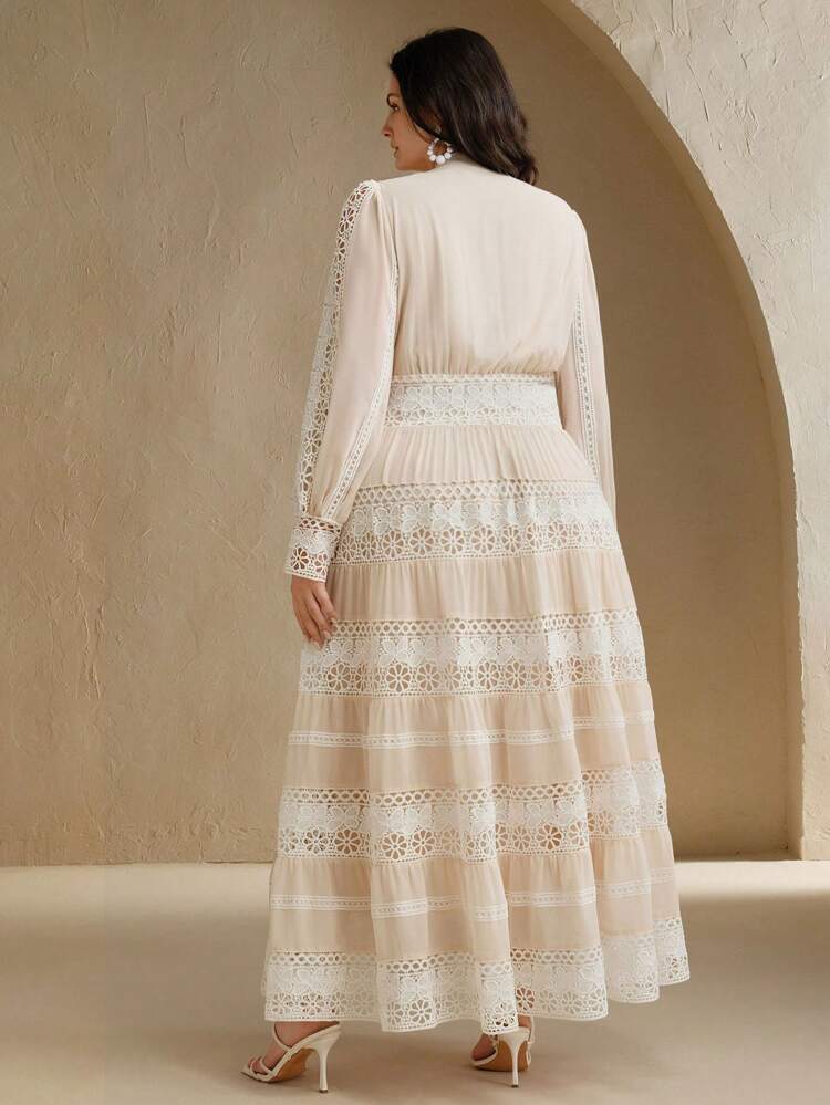 Plus Size French Elegant Palace Hollow Lace Patchwork Floral Maxi Dress, Romantic Style, Suitable For Spring, Festival, Holiday