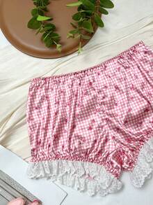 سراويل داخلية قصيرة ذات خطوط متقاطعة وأزهار صغيرة مطرزة بالدانتيل للأطفال - وردي - مشاهدة 4