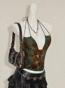 SHEIN ICON Women's Retro Green Flocked Jacquard Criss-Cross Backless Sexy Camisole - Green - View 6