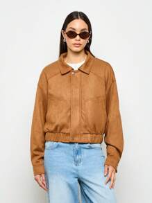 AiiRZ Zip Up Suede Collared Bomber Jacket - Brown - View 5