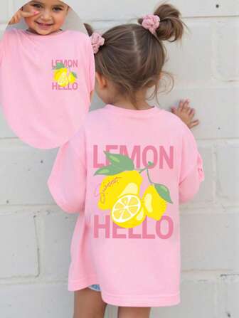 SHEIN GraphicGems Kleine Mädchen Sommer Lässig T-Shirt mit Zitrone und Buchstaben Motiv, Kurzarm Basis