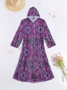 Modviera 随机印花长袖游泳和服，轻便夏季派对音乐节休闲沙滩女装