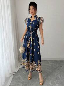 Elenzga Rochie de damă cu imprimeu floral, decolteu crăpat, volane, cu curea, stil de vacanță, vară