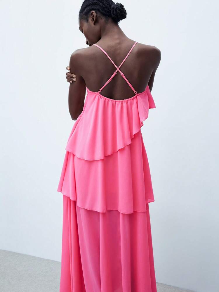 SHEIN Maija Women's Solid Color Ruffled Hem Maxi Spaghetti Strap Dress, Elegant