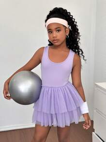 SHEIN Leap Crew Tween Girls' Mesh Patchwork Sleeveless Bodysuit Sportswear - Purple - View 1