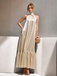 CLARA VERO Sleeveless Solid Color Ruffle Hem Tie Waist Elegant Dress - Beige - View 3