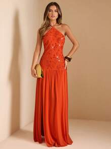 SHEIN BAE 夏季女装露背亮片刺绣拼接网眼宽松下摆性感高开衩女士长裙/海岛度假装/蜜月装女士//女士夏季装/女士沙滩装/女士派对礼服/女士橙色连衣裙派对礼服，波西米亚风服饰 - 橘色 - 查看 4