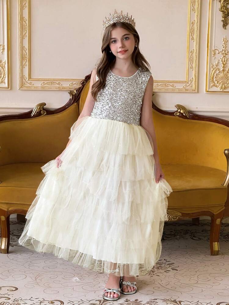 Girls' Round Neck Sleeveless Mesh Dress, Tween Girl Fall Clothes