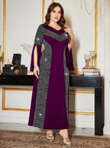 Modelyn Plus Size Women Elegant Chiffon Patchwork Ruched Bodycon Dress Fall Cloth For Women - Purple - View 3