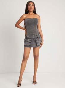 SHEIN Unity 裙子双口袋牛仔夏季迷你俱乐部裙子西部音乐会音乐节优雅假期春假早午餐街头装工装弹力牛仔口袋女装 - 灰色 - 查看 3