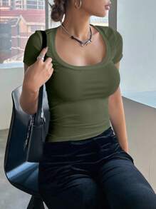 DAZY Camiseta de manga corta de mujer de cuello redondo sencilla, informal y suelta, de unicolor y acanalada - Verde militar - Ver 4
