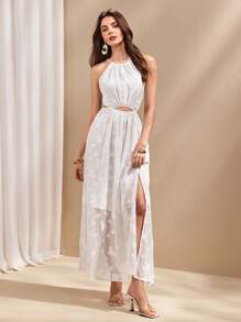 Almamuse Vestido de verano elegante de mujer con nudo cruzado y espalda descubierta, con abertura alta, estampado jacquard