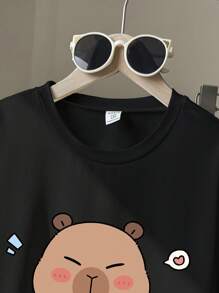 Teenage Girls Capybara Cartoon Bubble Tea Print Round Neck Short Sleeve T-Shirt And Knitted Tight Flare Pants Black Cute Set Capybara Clothes Kids - Black - View 4