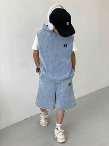 SHEIN 2Pcs Tween Boy Fashion Casual Patch Details Blue Knitted Denim Loose Sleeveless Denim Hoodies And Comfortable And Breathable Denim Shorts For Kids Clothes Boys Soft Dailywear And Kids Summer And Spring Rave Outfits Festival And Beach Outfits Clothes - Blue - View 1