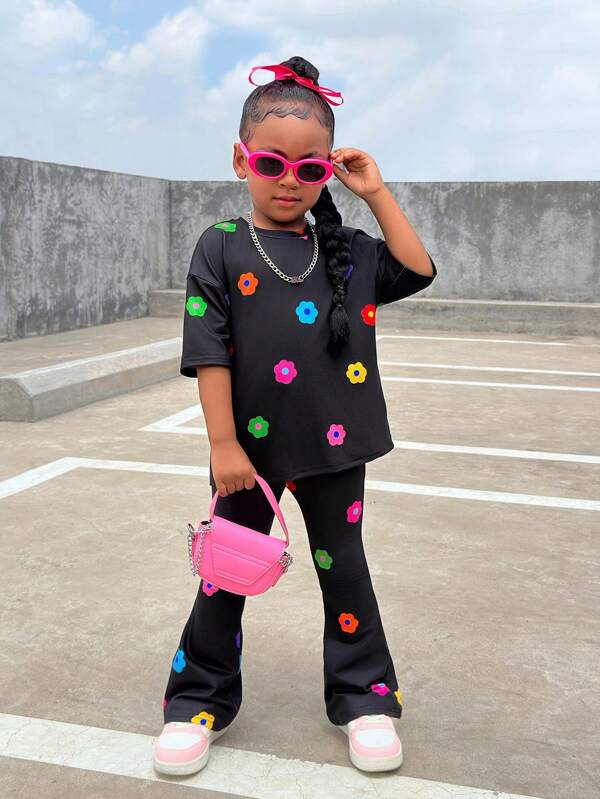 Young Girl Vacation Casual Fashion Printed Round Neck Short Sleeve Top And Pants Set