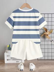 SHEIN 2pcs/Set Casual Pony Icon, Streaks Print Crew Neck Short Sleeve T-Shirt And Shorts Set For Boys, Summer