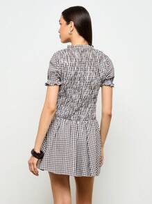 AiiRZ 褶饰格子迷你连衣裙泡泡袖夏季春季荷叶边田园风草原风格松紧腰花园茶会褶饰