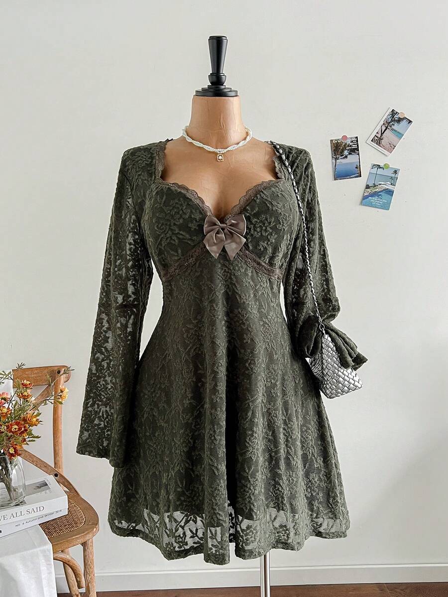 Soleia 女式加大码度假春装方领白色蕾丝花边荷叶边袖 A 字迷你连衣裙 - 軍綠色 - 查看 1