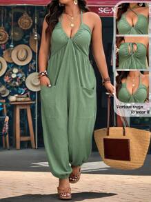 EMERY ROSE Plus Size Textured Fabric V-Neck Pocketed Drawstring Jumpsuit, Casual For Home, Outdoor & Holiday Wear - Green - View 1
