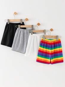 Set de 4 pantalones cortos holgados de punto con estampado de rayas arcoíris de estilo universitario casual para vacaciones, surtido de 4 colores, adecuados para primavera y verano - Multicolor - Ver 2