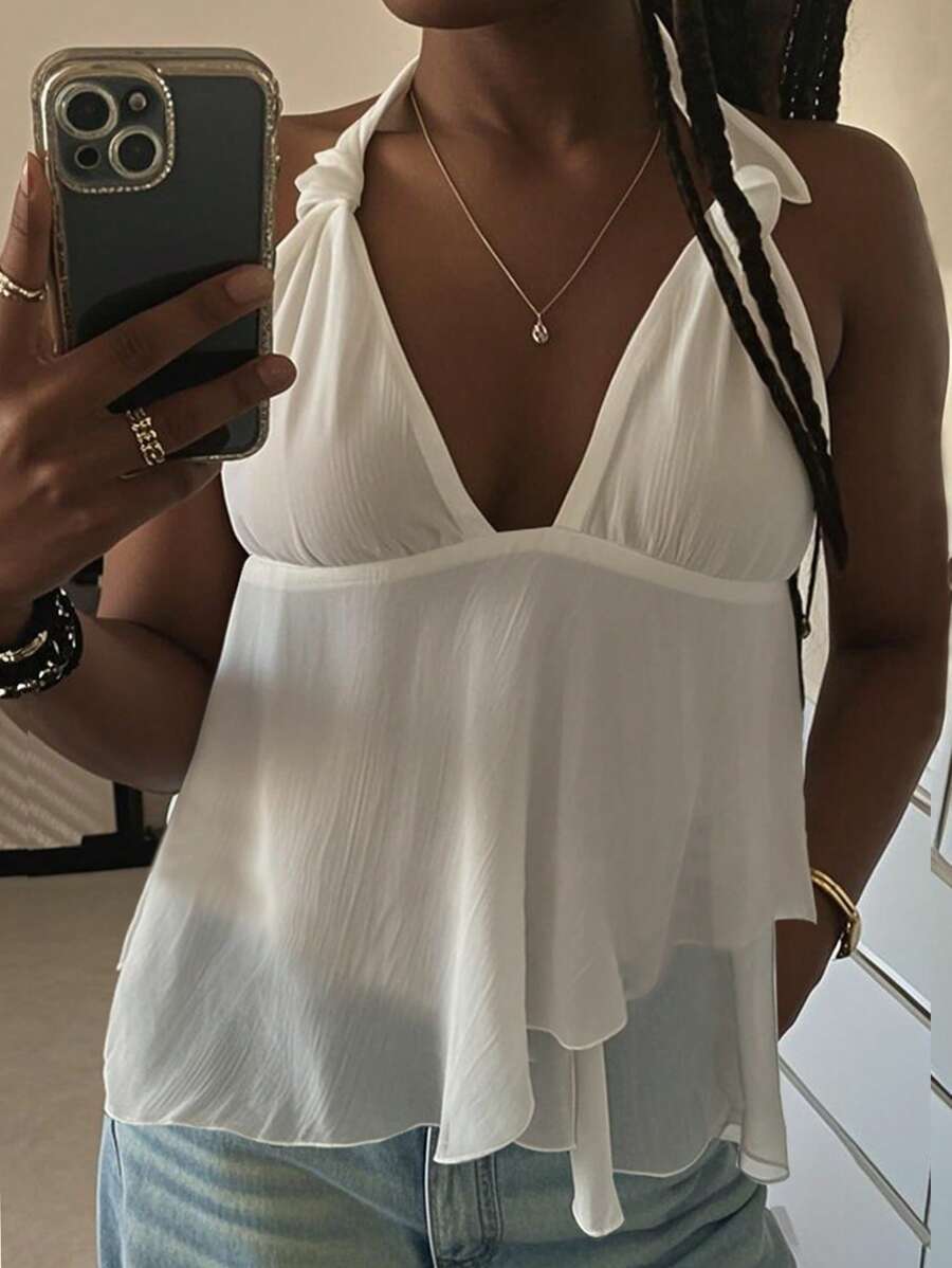 INAWLY Solva Women's Summer Casual Solid Color Chiffon Backless Halter Tank Top, Going Out - White - View 1