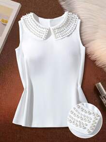 Franclia 女式休闲时尚圆领珍珠装饰无袖纯色背心 - 白色 - 查看 1