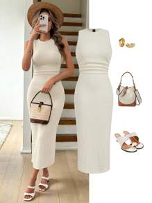 Easowa 女士休闲杏色针织纹理紧身连衣裙