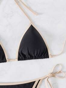 Swim Basics 女士性感对比色可捆绑比基尼上衣和内裤套装 - 黑色 - 查看 4