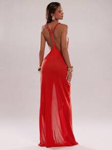 SHEIN BAE 女士纯色露背镂空设计连衣裙 - 橘色 - 查看 5