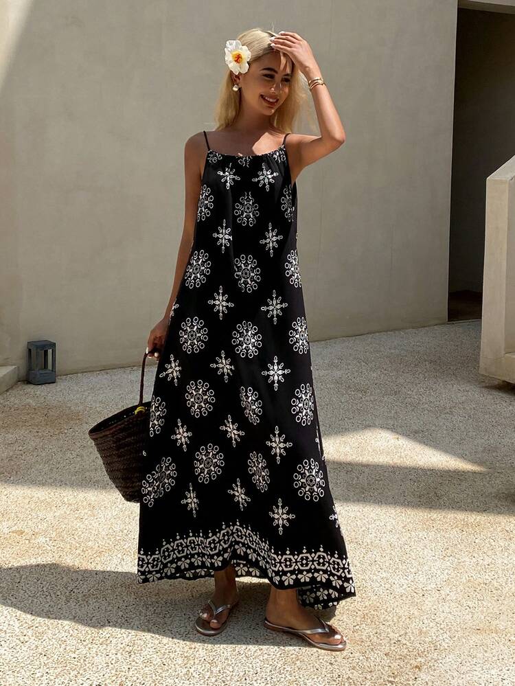 Women Spaghetti Strap Sleeveless Floral Print Casual Mid-Length Dress, Summer Vacation Cruise Outfit For Women Boho