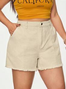 SHEIN EZwear 大码女式磨边休闲纯色高腰宽松牛仔短裤，夏季 - 杏色 - 查看 4