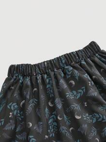 ROMWE Fairycore Hippie Retro Style Resort Moon & Plant Allover Print Skirt - Black - View 4