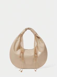 SHECARRY Women's Vintage Almond Crescent  Shoulder Bag With Metallic Fringe & Beaded Tassels, Elegant Shoulder Purse For Office Commute & Night Out - Apricot - View 5