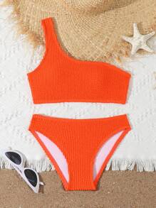 SHEIN Tween Girls' Solid Color Swimsuit 2 Pieces Set, Beach/Vacation Orange Bikini Teen Orange Bikini Orange Two Piece Swimsuit One Shoulder Orange Bikini High Waisted Orange Bikini - Orange - View 1