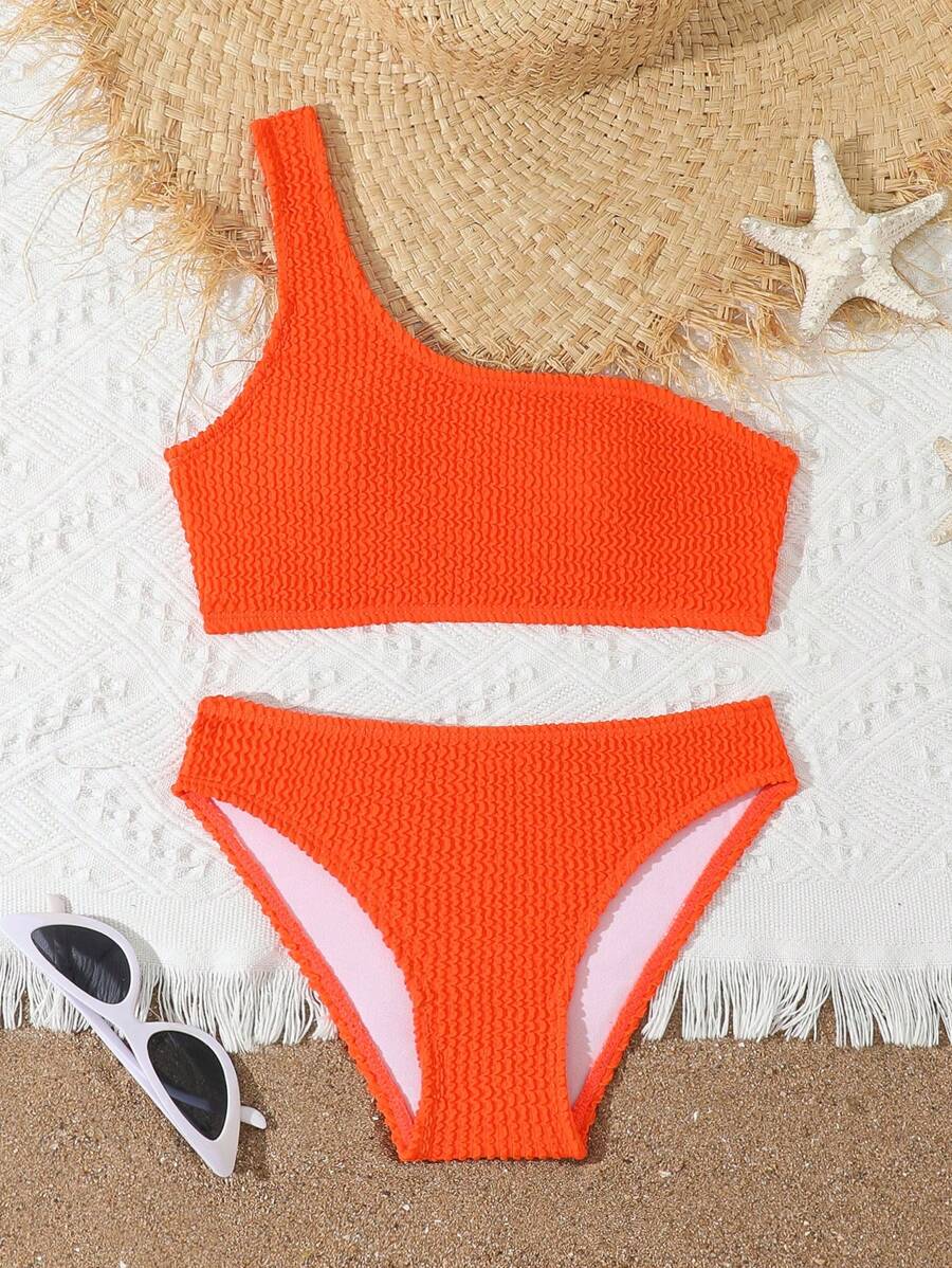 SHEIN Tween Girls' Solid Color Swimsuit 2 Pieces Set, Beach/Vacation Orange Bikini Teen Orange Bikini Orange Two Piece Swimsuit One Shoulder Orange Bikini High Waisted Orange Bikini - Orange - View 1